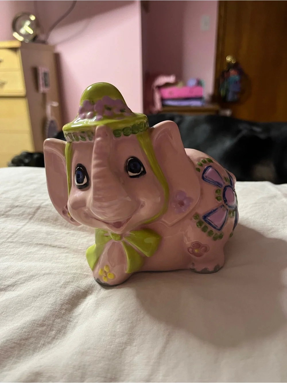 Pink Ceramic Elephant Bank with Lime Green Accents